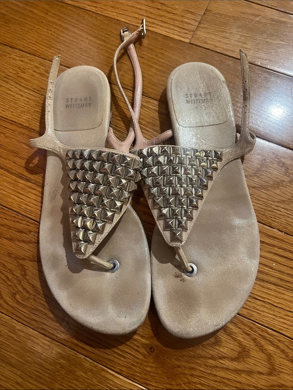 Stuart Weitzman Champagne Gold Pyramid-Stud Thong Sandals